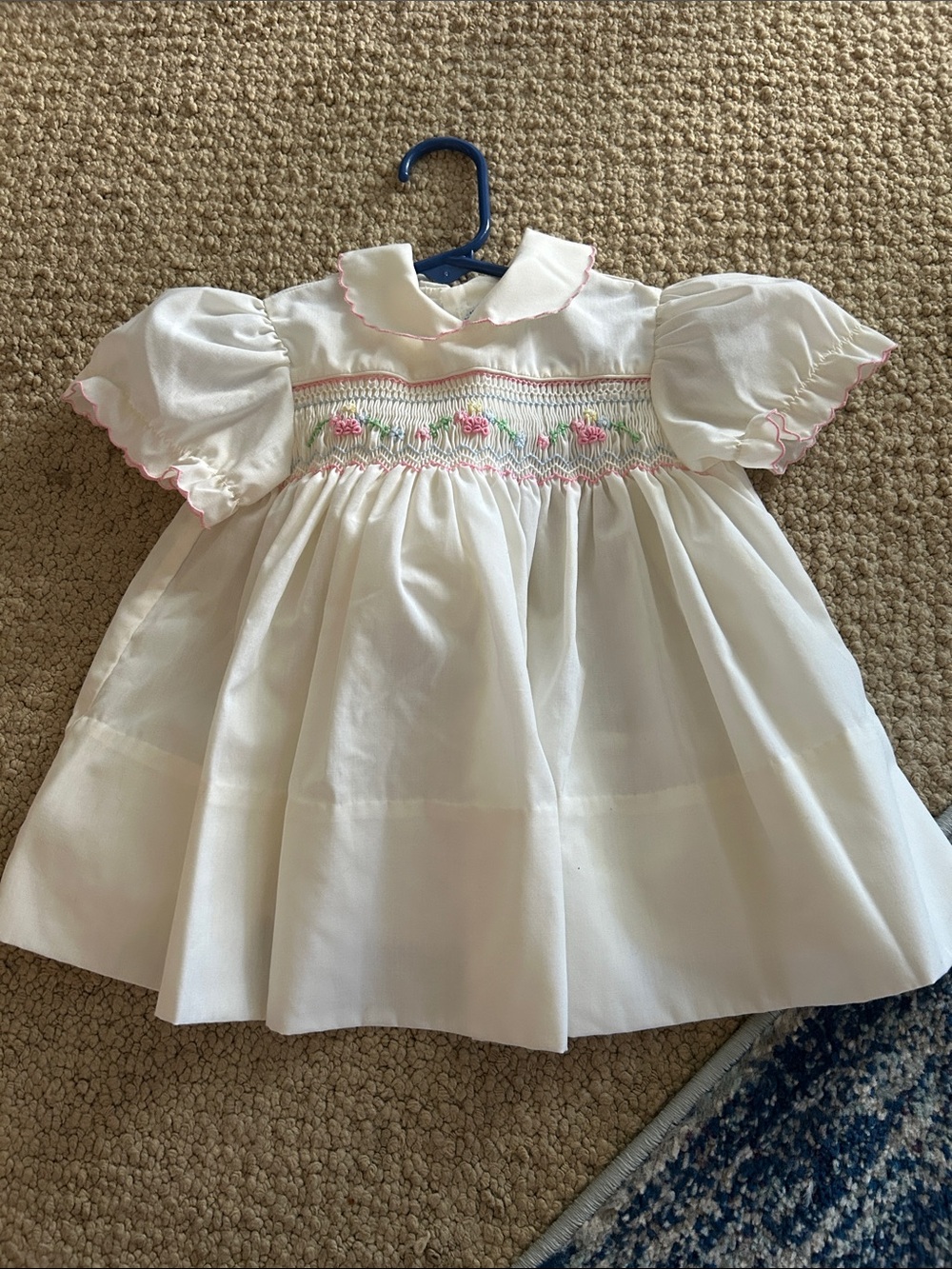 Classic White Smocked Girls' Dress with Pink Accents